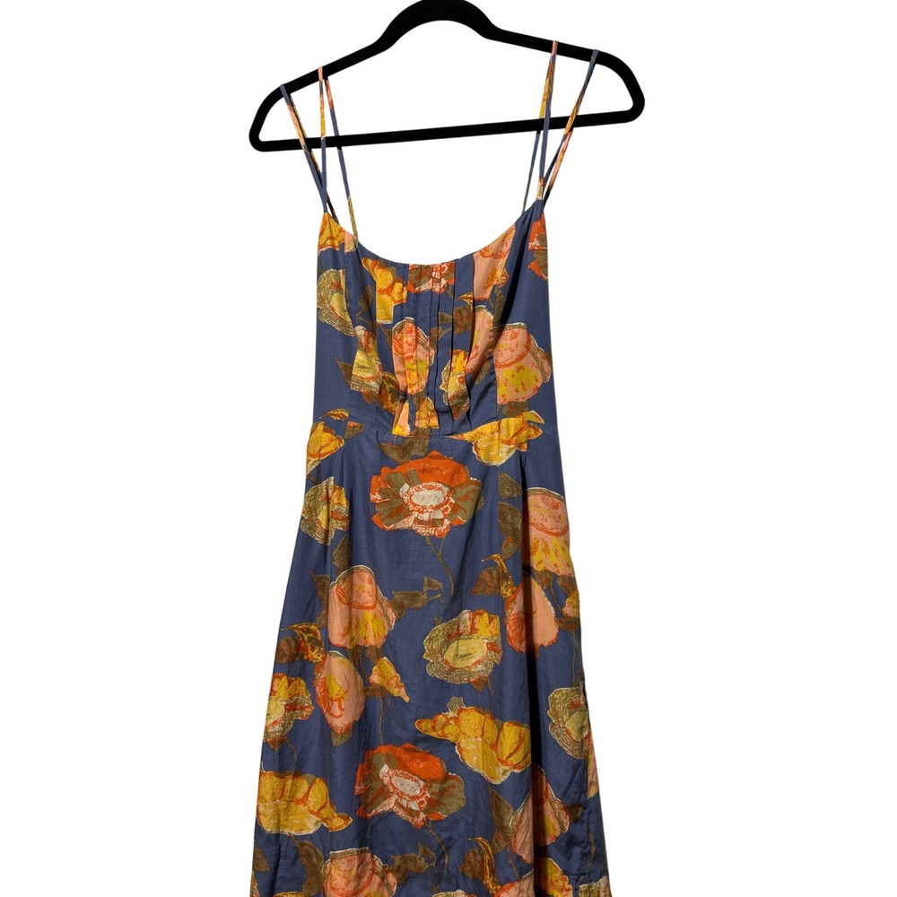 Maeve Anthropologie Silk Blend Pleated Bodice Floral Sun Dress Blue Size 10